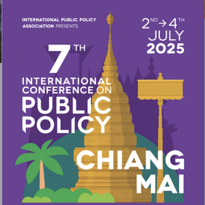 Poster for the 7th International Conference on Public Policy with the text "INTERNATIONAL CONFERENCE ON PUBLIC POLICY," "CHIANG MAI," and the date "2–4 July 2025." In the background is a stylized drawing of a Thai temple on a purple background with a palm tree and a golden sign.